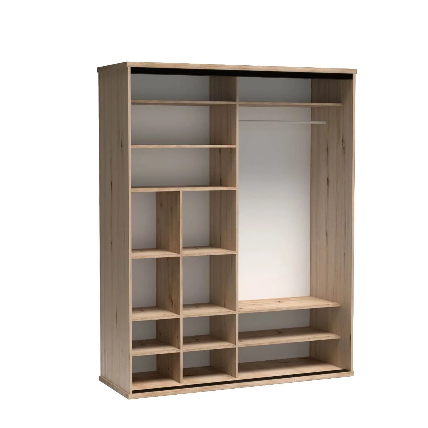 Armoire coulissante moderne avec insert à lattes, touches noires et grand miroir - Decora Home