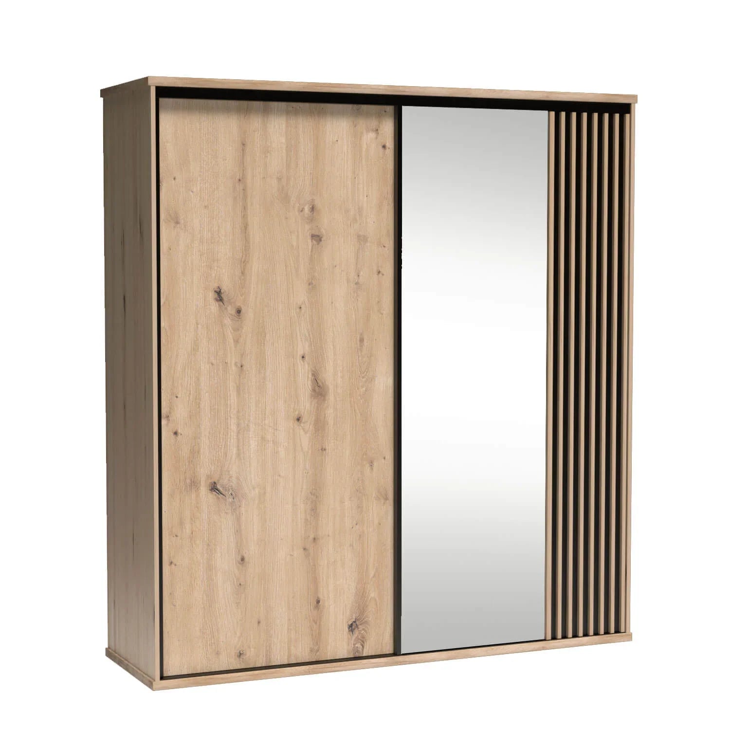 Armoire coulissante design avec miroir et insert à lattes|Promo exclusive|Decora Home