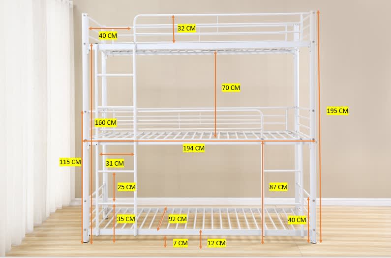 LIT SUPERPOSÉ TRIO EN METAL BLANC 1 PLACE 90x190 cm