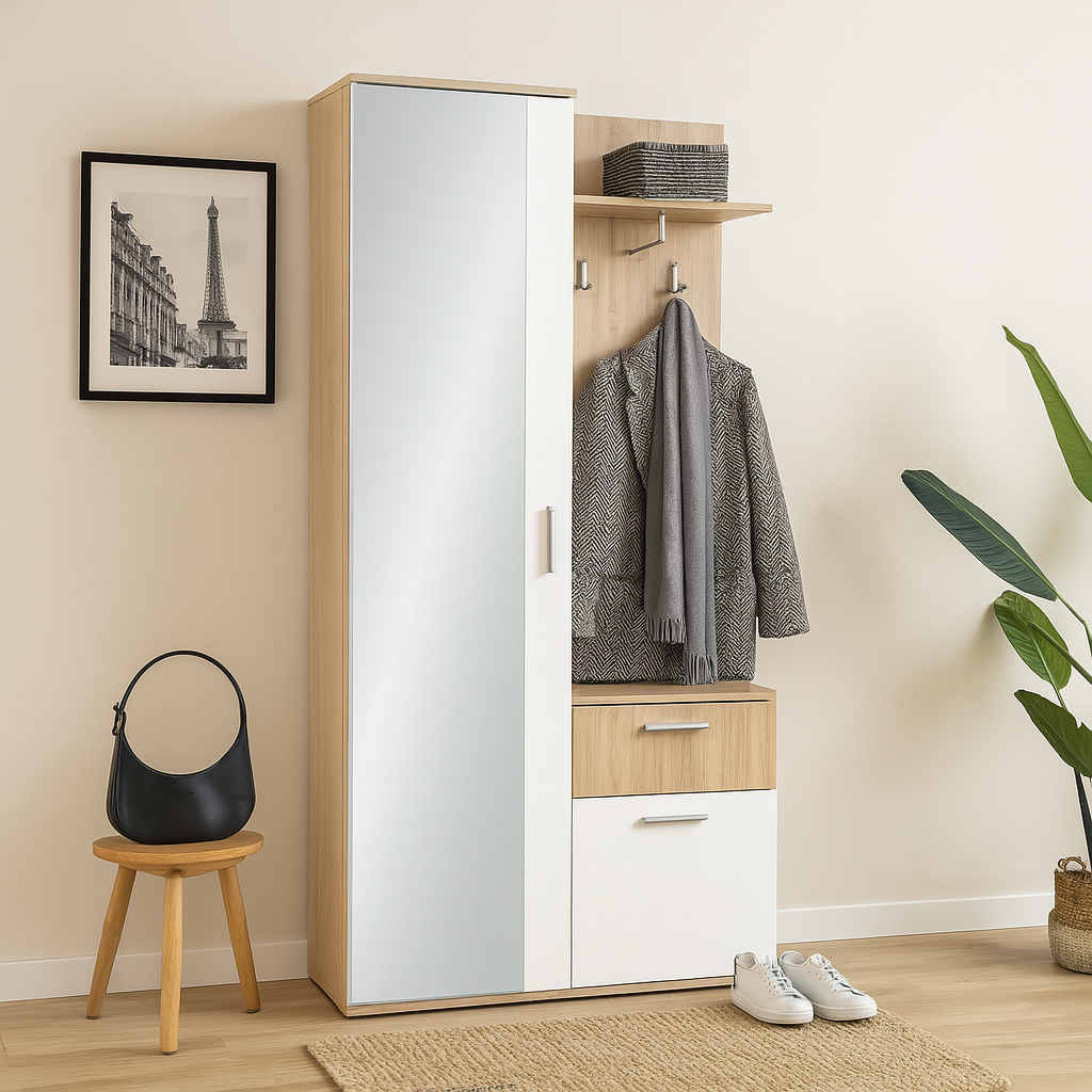 Armoire de couloir NALA avec miroir – 97 cm – meuble d’entrée moderne avec tiroir, étagères et penderie