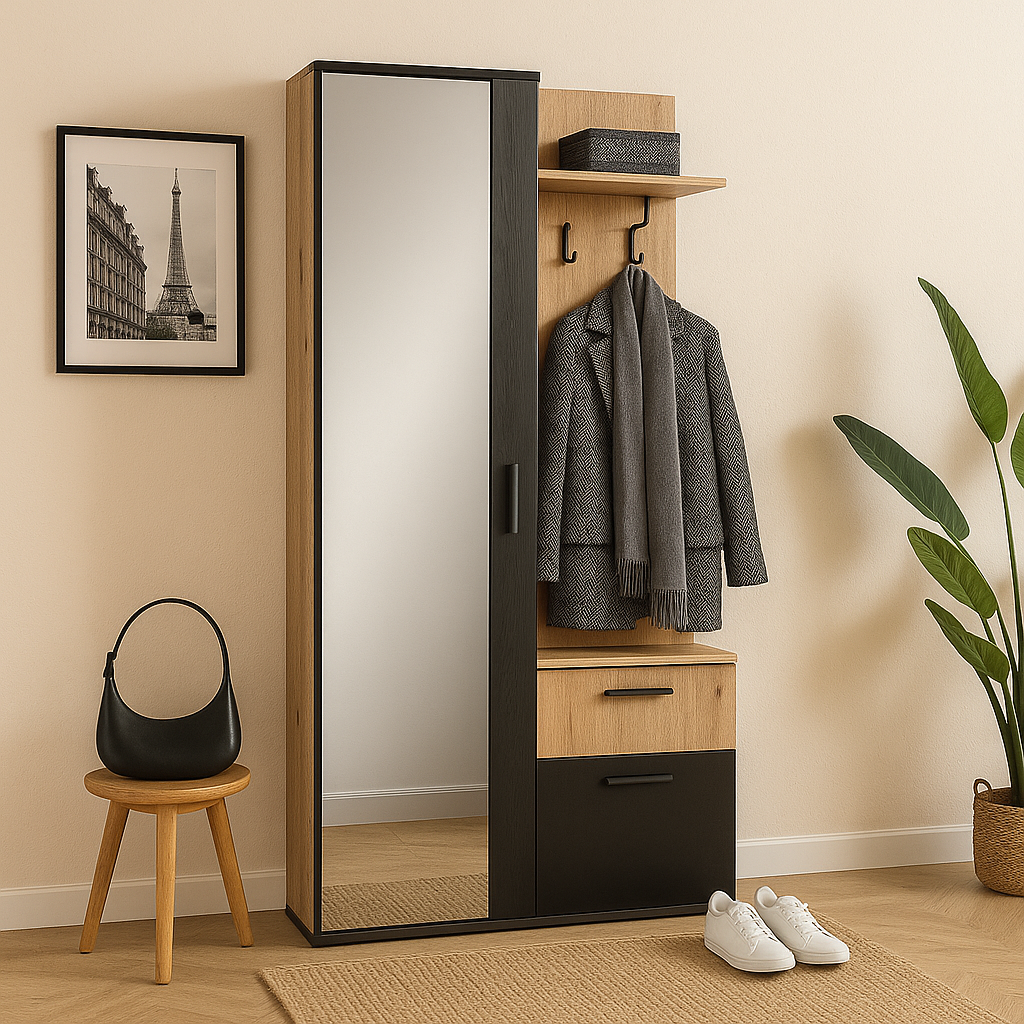 Armoire de couloir NALA avec miroir – 97 cm – meuble d’entrée moderne avec tiroir, étagères et penderie