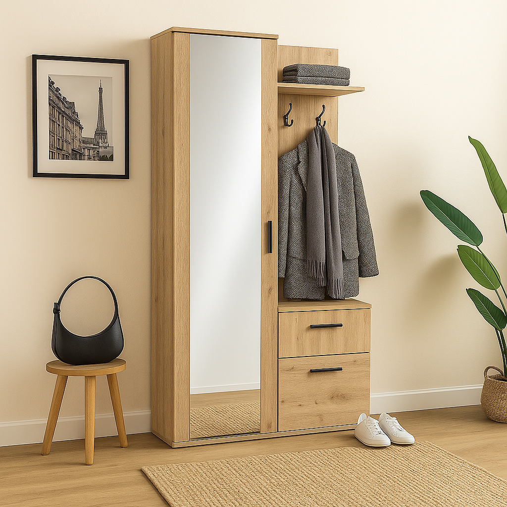 Armoire de couloir NALA avec miroir – 97 cm – meuble d’entrée moderne avec tiroir, étagères et penderie