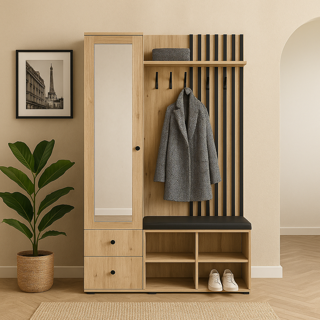 Armoire de couloir avec miroir – 128,5 cm – meuble d’entrée avec assise, cintres et rangement chaussures