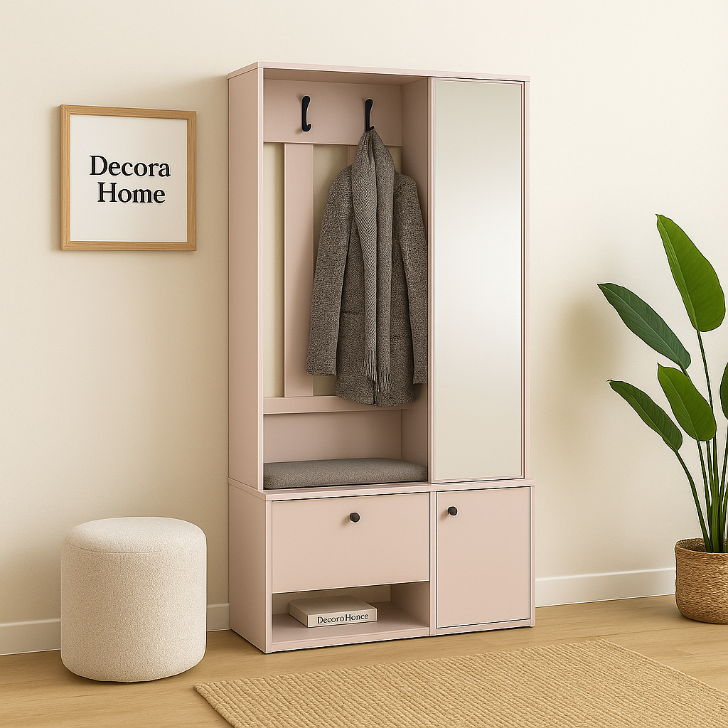 Placard d’entrée ZAYA avec miroir – 100 x 33 x 190 cm – meuble de couloir moderne avec étagères et cintre en métal