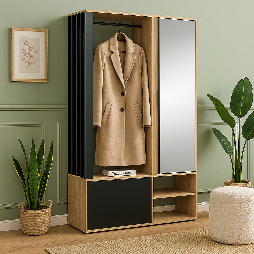 Placard d’entrée avec miroir – 100 cm – meuble de couloir design avec rangement chaussures