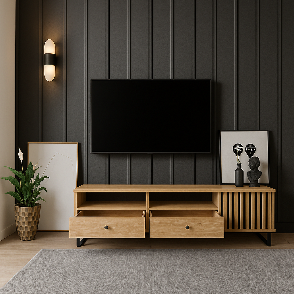 Meuble TV moderne avec façade noire à lattes et corps en panneau stratifié Artisan - Decora Home