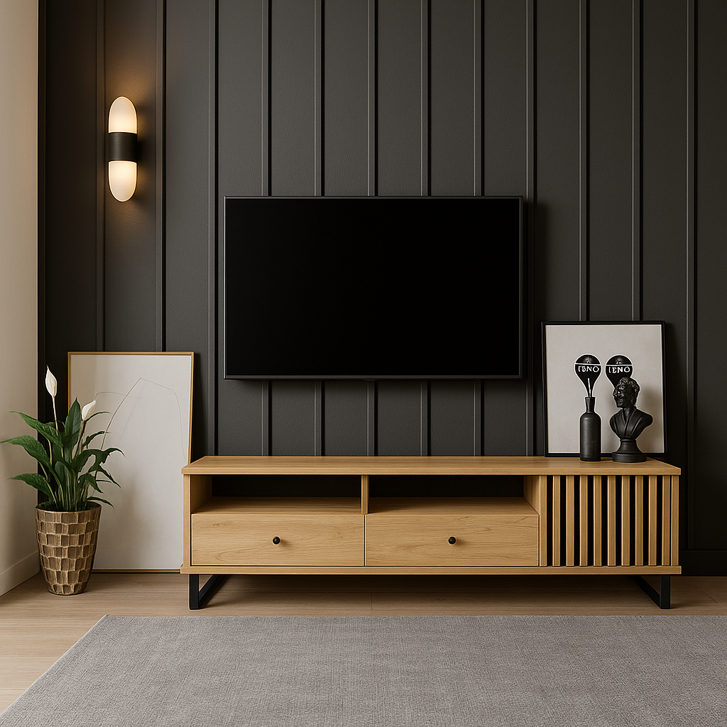 Meuble TV moderne avec façade noire à lattes et corps en panneau stratifié Artisan - Decora Home