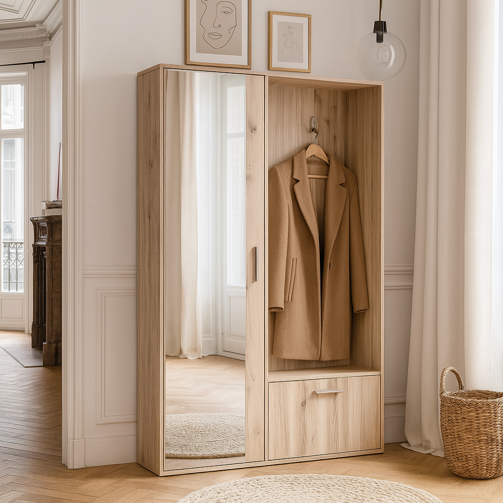 Armoire de Couloir avec Miroir – 120 cm – Rangement Chaussures & Cintres