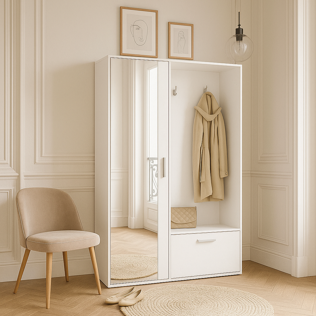 Armoire de Couloir avec Miroir – 120 cm – Rangement Chaussures & Cintres