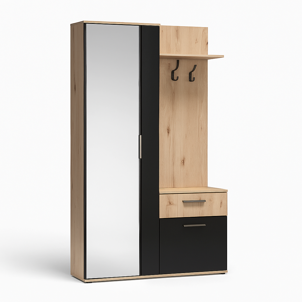 Armoire de couloir NALA avec miroir – 97 cm – meuble d’entrée moderne avec tiroir, étagères et penderie