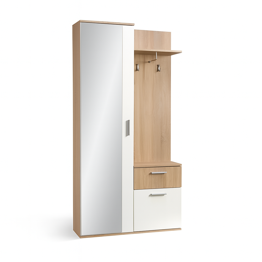 Armoire de couloir NALA avec miroir – 97 cm – meuble d’entrée moderne avec tiroir, étagères et penderie