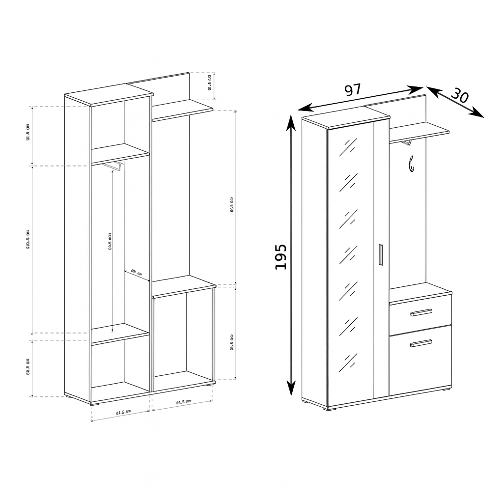 Armoire de couloir NALA avec miroir – 97 cm – meuble d’entrée moderne avec tiroir, étagères et penderie