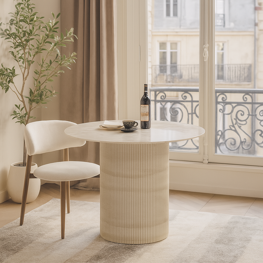 Table à manger ronde plateau travertin céramique brillant