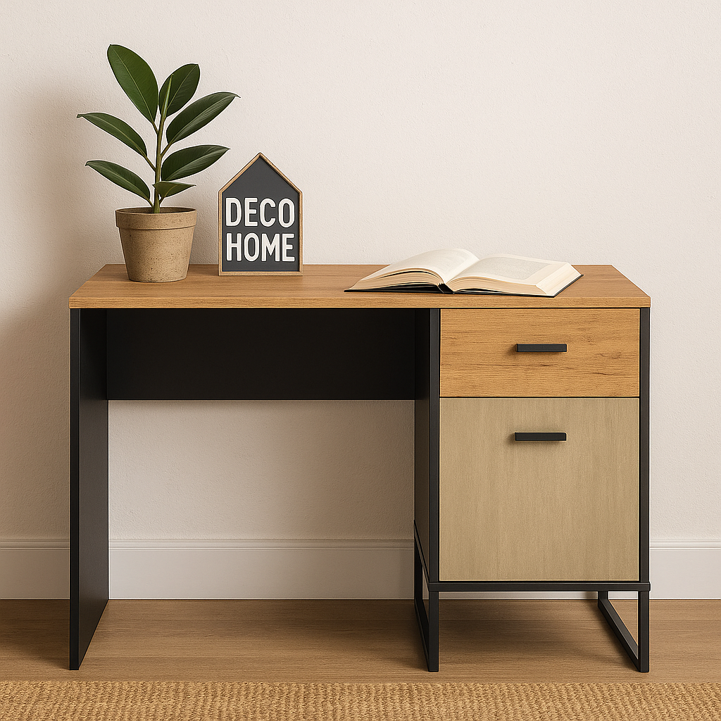 Bureau Design en Chêne Artisan Or et Noir – Plateau Résistant et Finitions Acier Premium – 120 cm