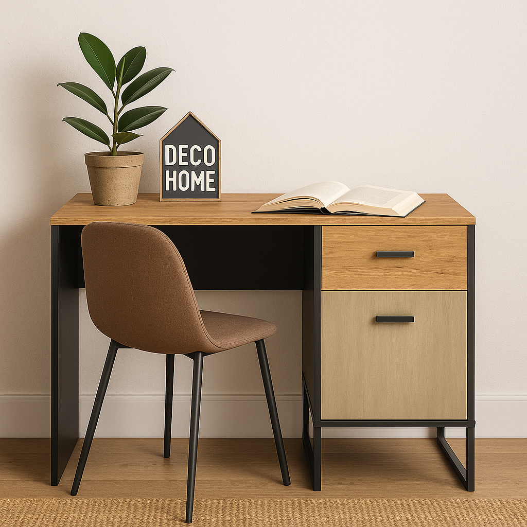 Bureau Design en Chêne Artisan Or et Noir – Plateau Résistant et Finitions Acier Premium – 120 cm