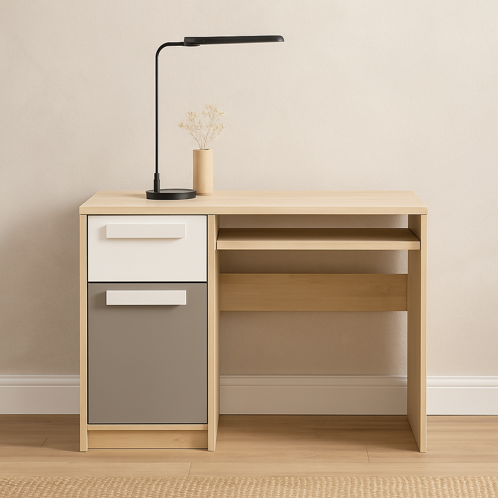 Bureau moderne Hêtre Fjord + Blanc, design élégant avec bordure ABS et finition résistante