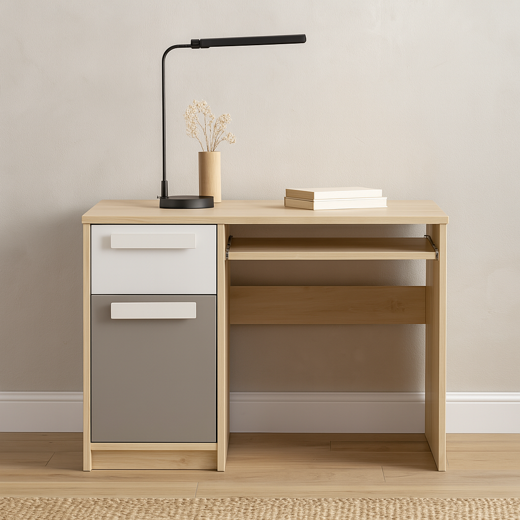 Bureau moderne Hêtre Fjord + Blanc, design élégant avec bordure ABS et finition résistante
