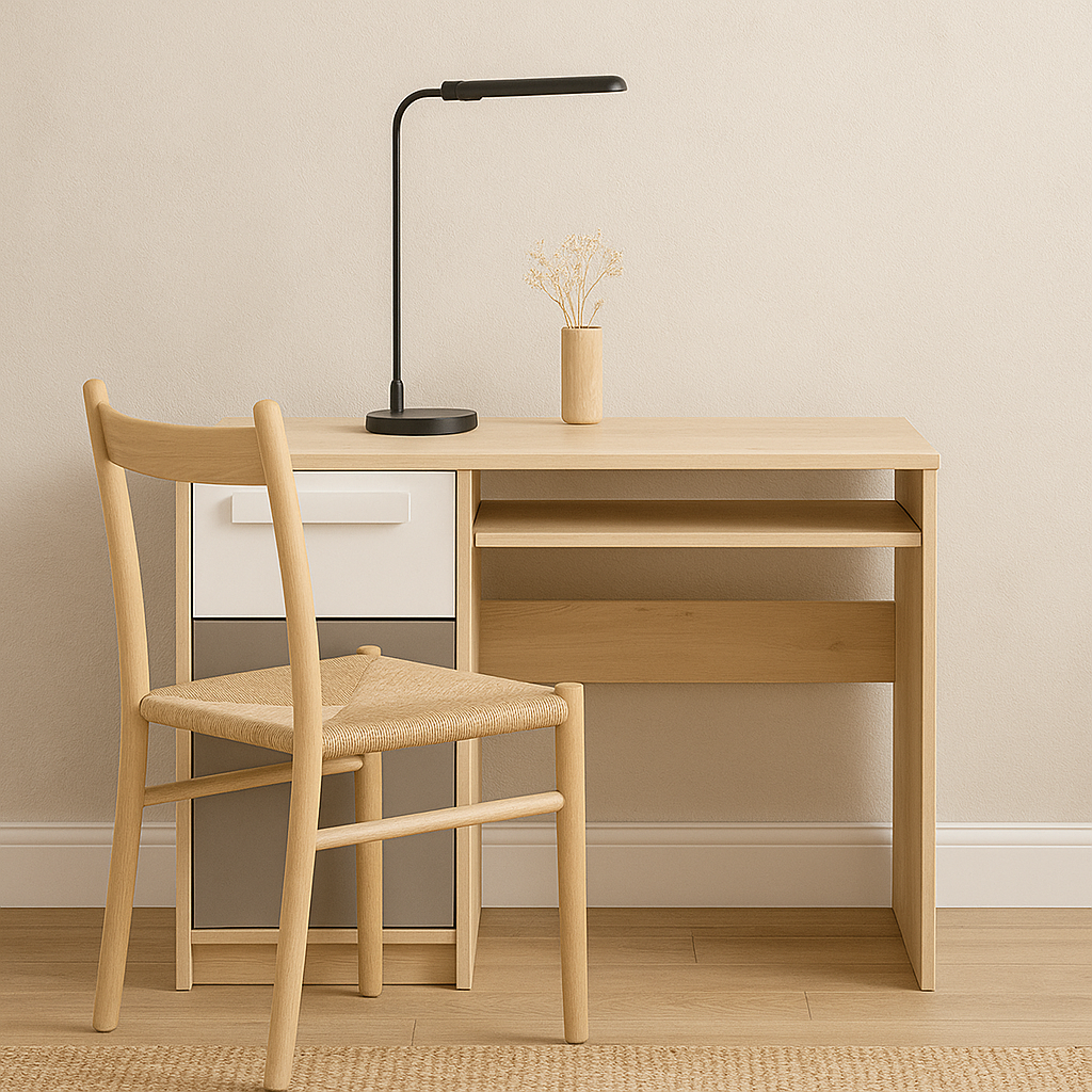 Bureau moderne Hêtre Fjord + Blanc, design élégant avec bordure ABS et finition résistante