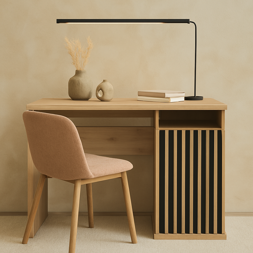 Bureau fonctionnel avec lattes tendance, étagères de rangement et plateau coulissant.