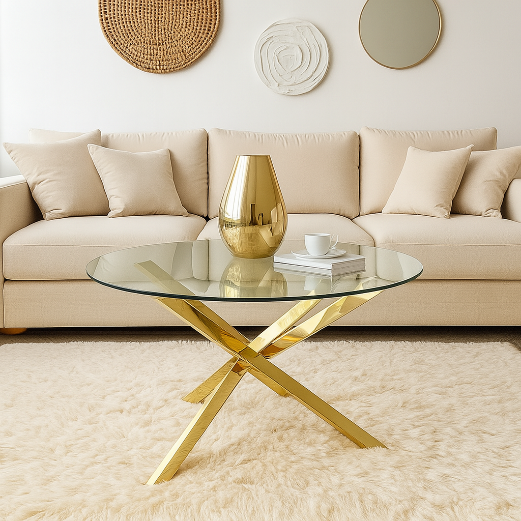 Table Basse Ronde en Verre avec Structure Dorée