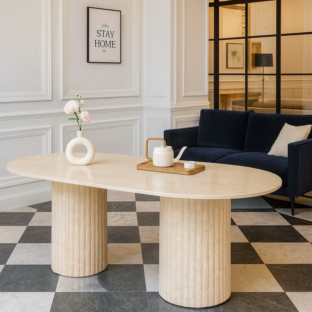 Table à manger design ovale– céramique effet travertin brillant – pied métal