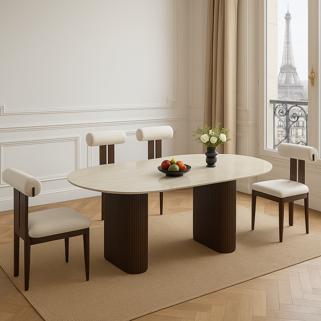 Table à manger céramique travertin mat – Pieds métal effet noyer
