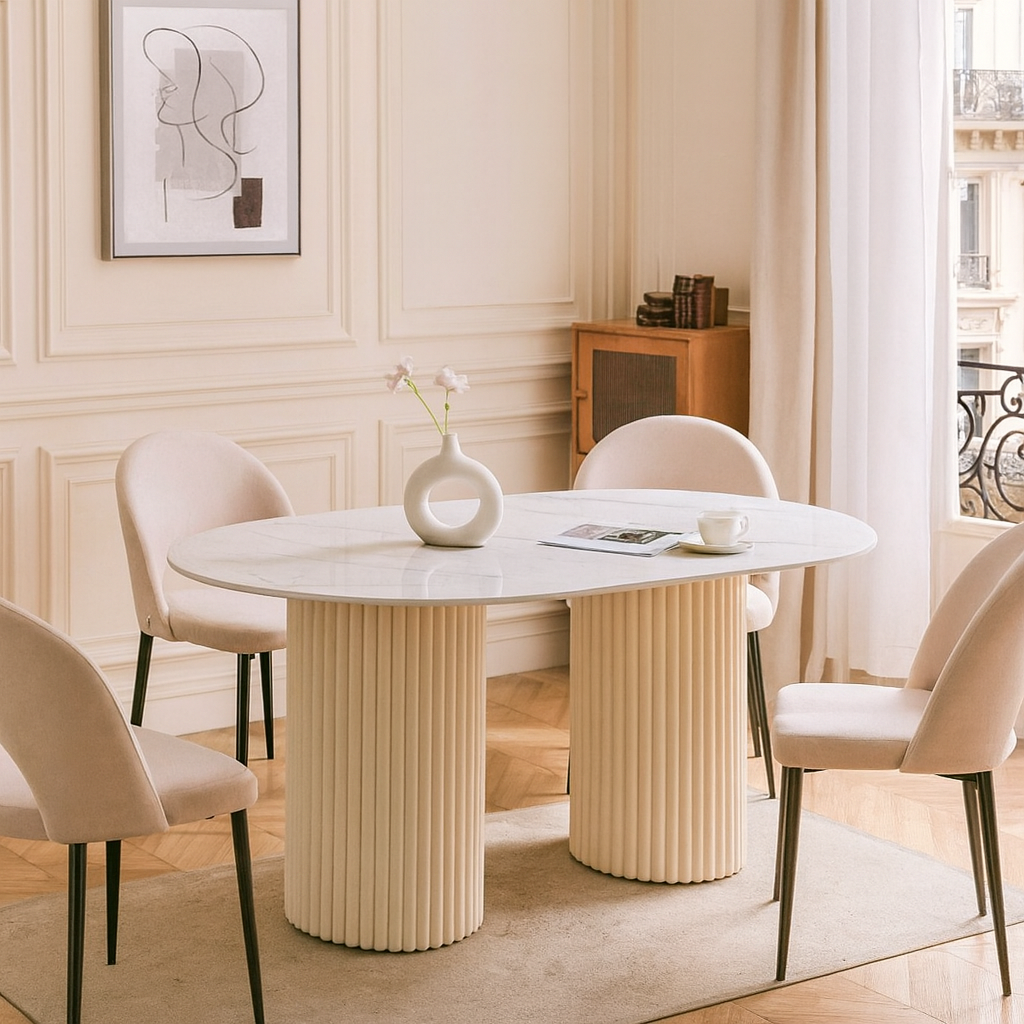Table à Manger –Plateau Céramique Travertin ou Moka, Pieds Métal  – Élégance Moderne 180x90 cm