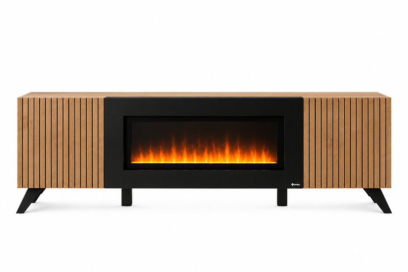 Meuble TV LIAM 160cm avec Cheminée Bioéthanol Intégrée - Hickory Jackson LED