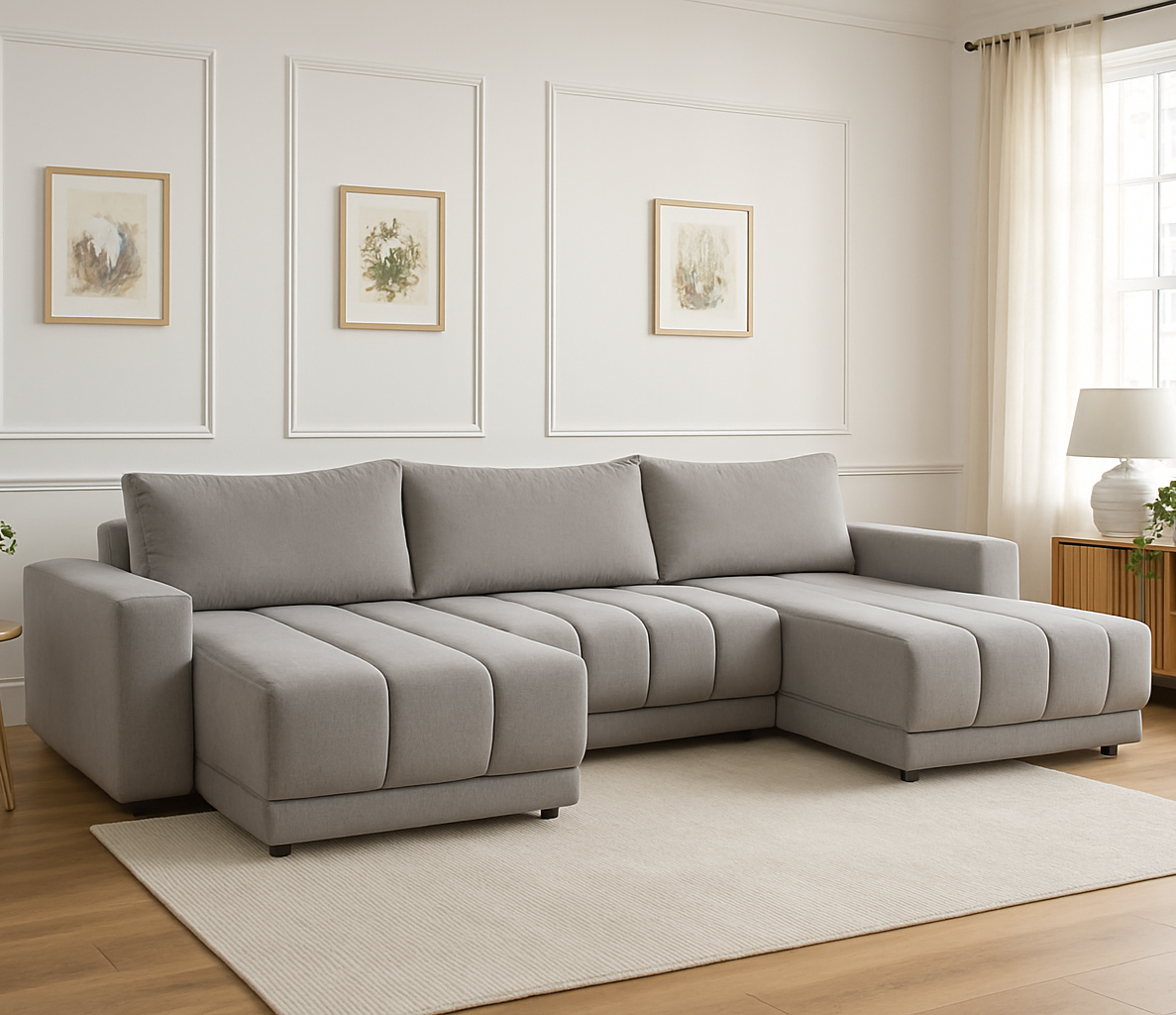 Canapé panoramique convertible Gris avec lit intégré et finitions haut de gamme