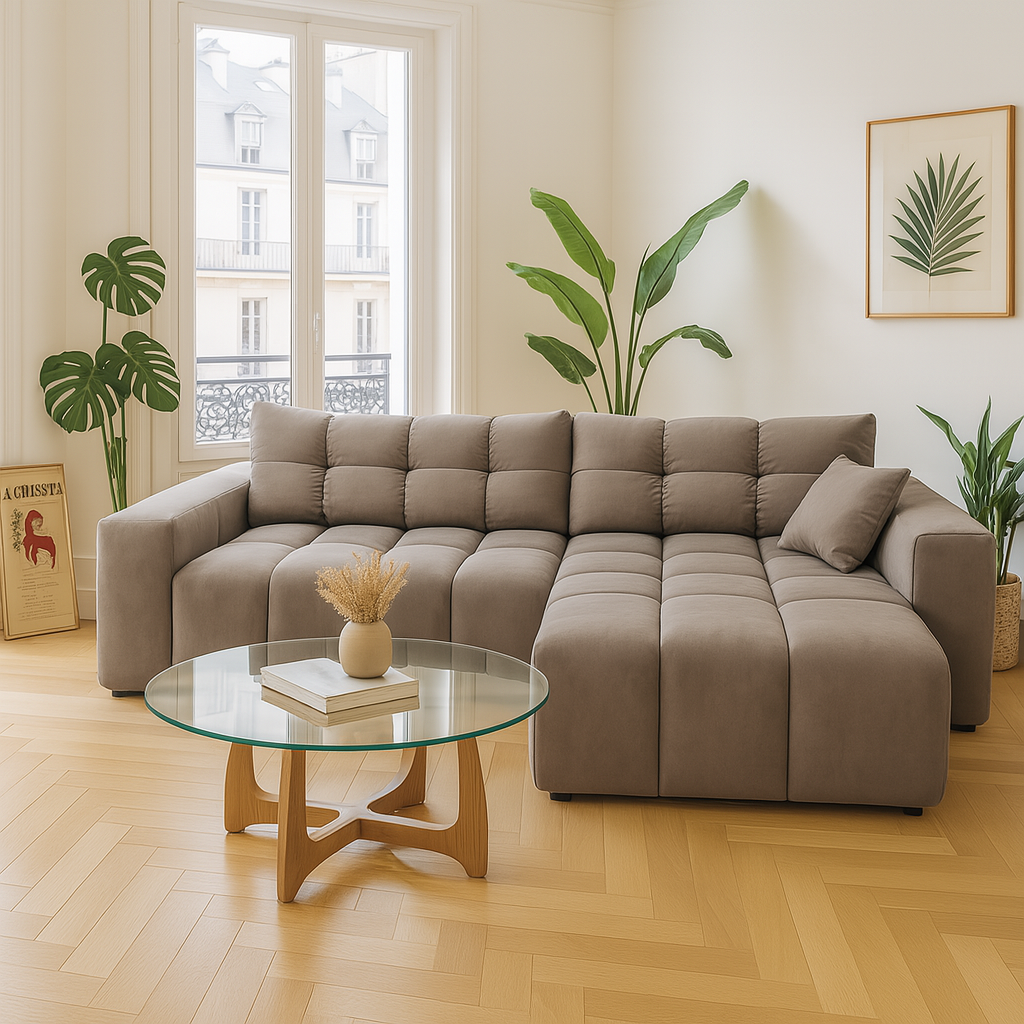 Canapé d’angle convertible en tissu Taupe, fonction couchage et coffre intégré