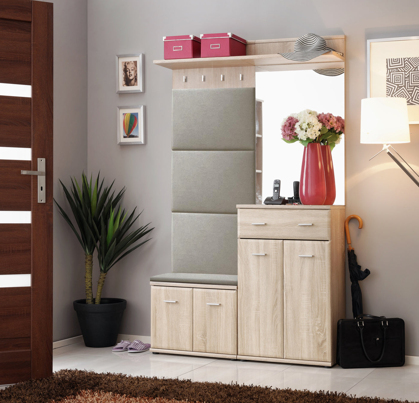 Ensemble Meuble d'Entrée ARMARIO VI 120cm - Sonoma Oak, Upholstered Panel - Velvet Beige