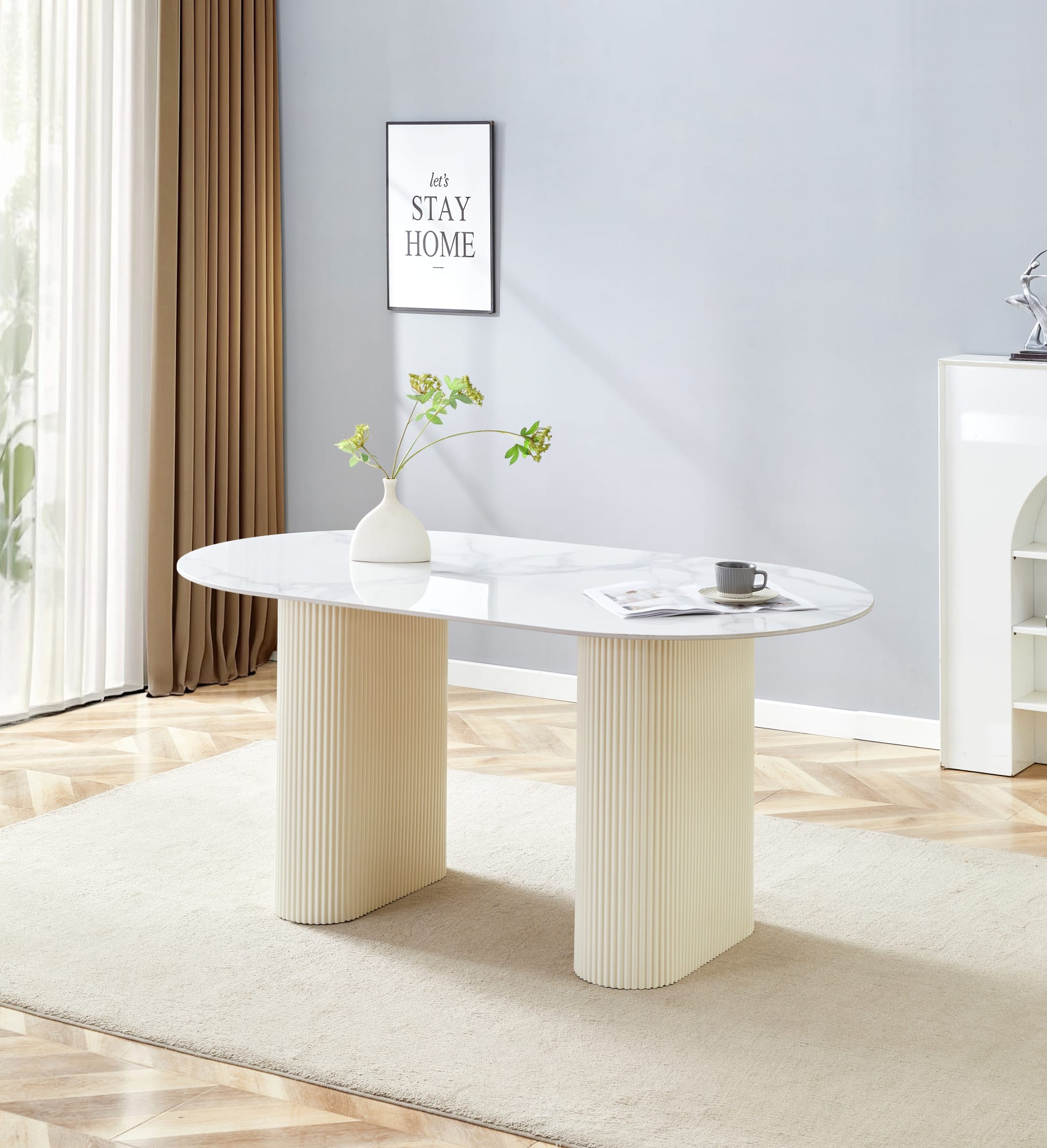 TABLE A MANGER ROXY PIED BEIGE CERAMIQUE MARBRE BLANC 180x90cm
