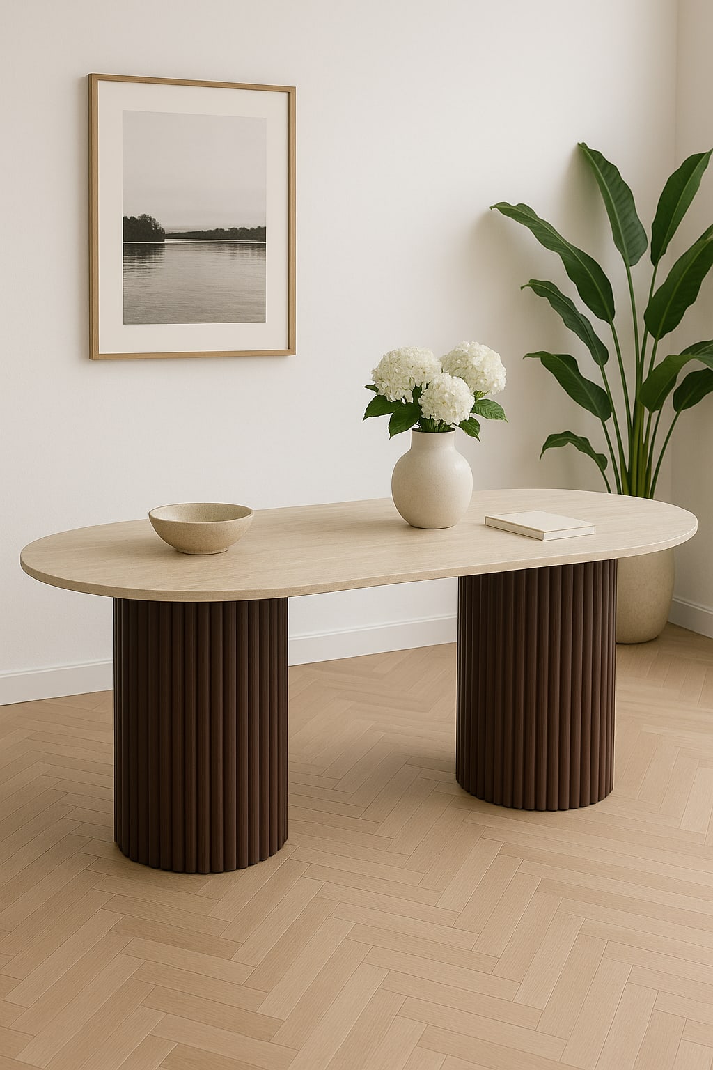 TABLE A MANGER KEYSHA PIED NOYER PLATEAU CERAMIQUE TRAVERTIN MAT 180CM