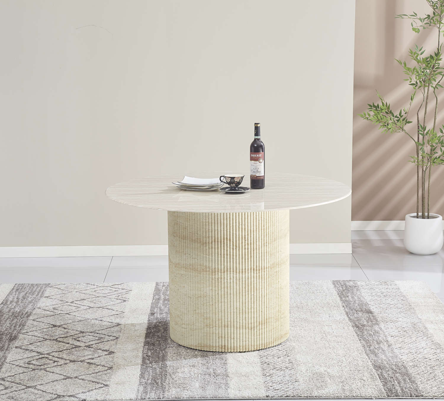 TABLE A MANGER RONDE BAIETAA PLATEAU CERAMIQUE TRAVERTIN BRILLANT PIED EFFET TRAVERTIN 120CM