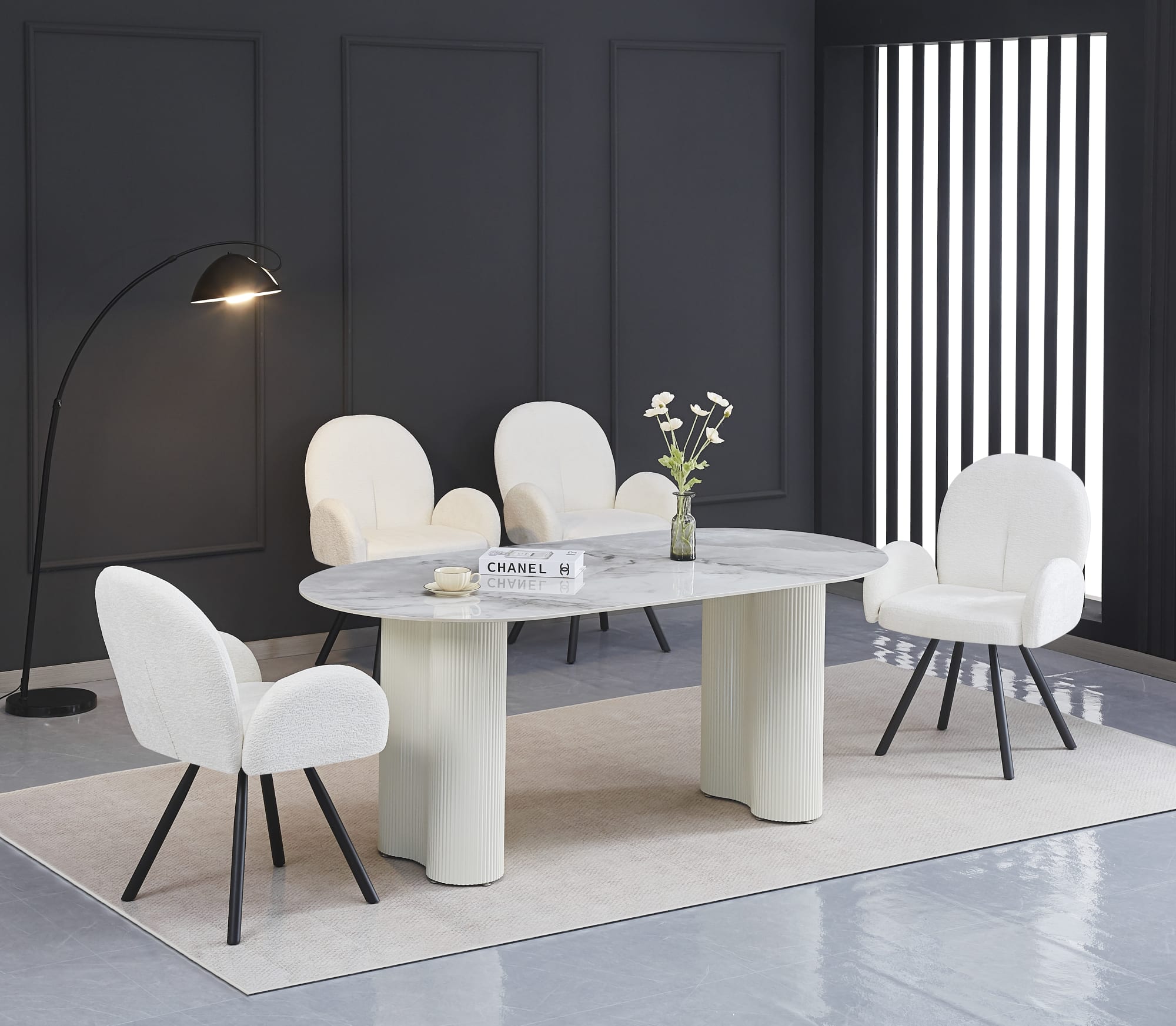 Table VENEZIA plateau céramique marbré blanc L 180 cm