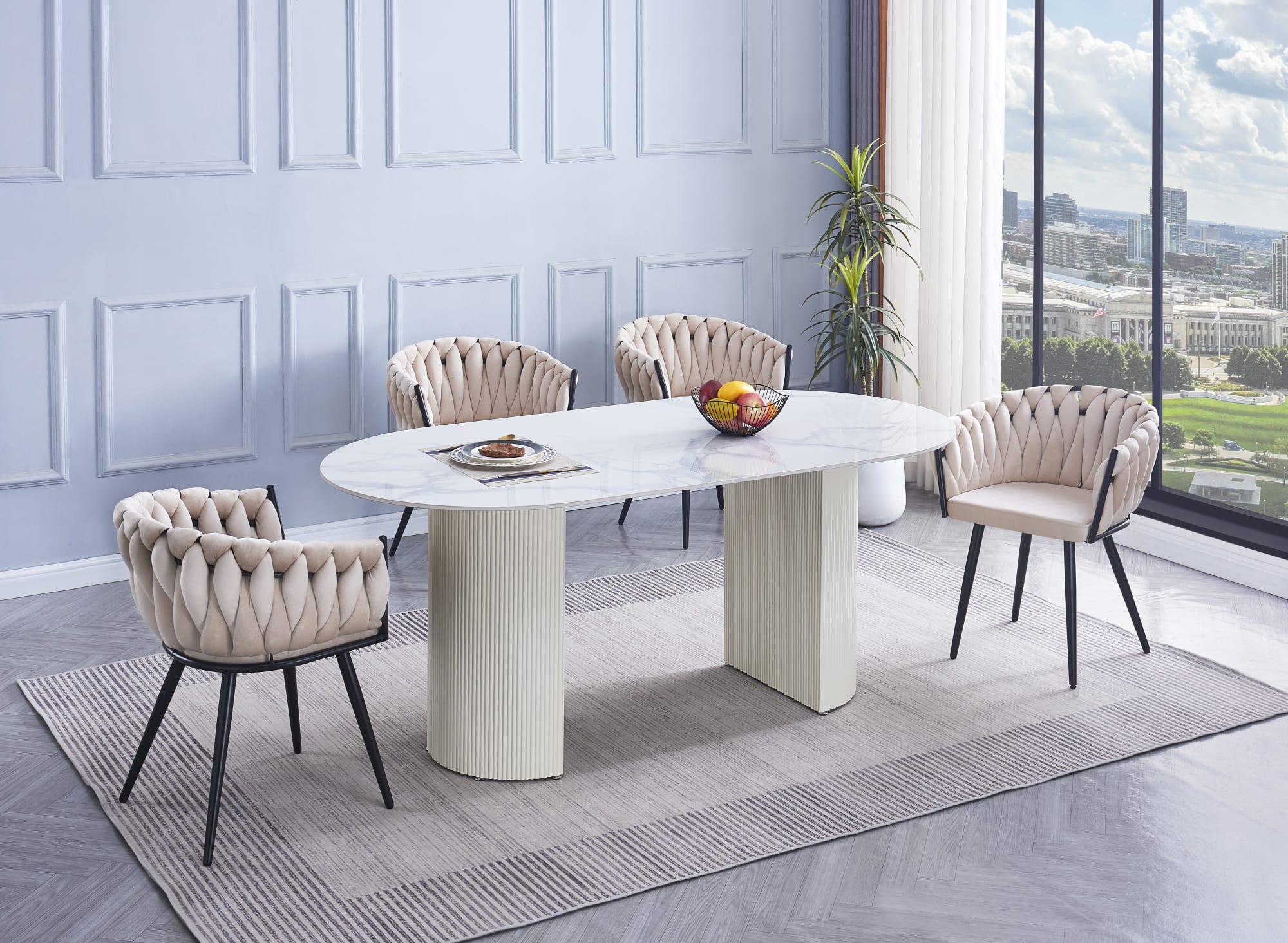 CHAISE AVEC ACCOUDOIR TRESSEE PIED METAL NOIR VELOURS BEIGE