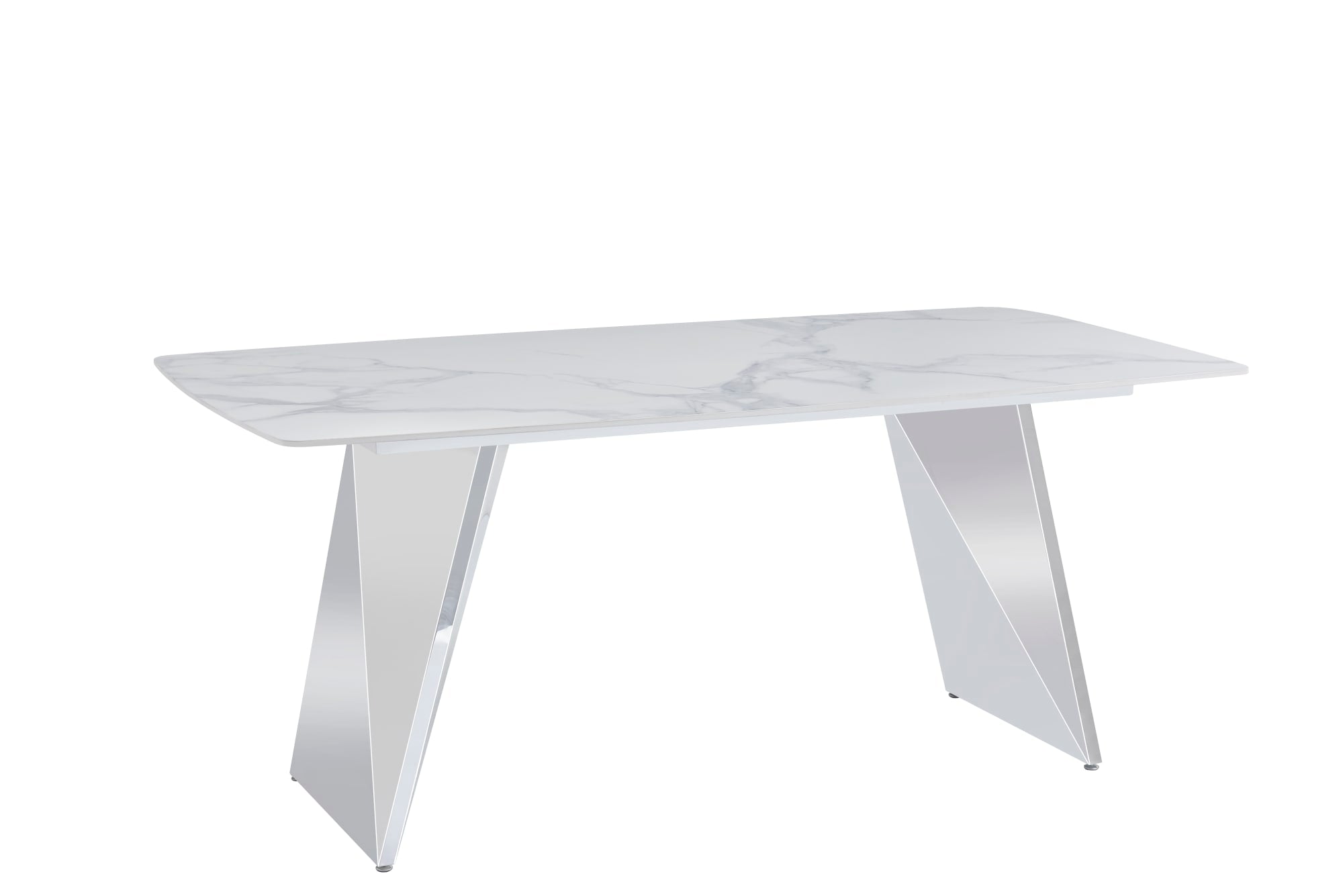 TABLE A MANGER GRAFFI PIED CHROME PLATEAU EN CERAMIQUE MARBRE BLANC180x90x75cm