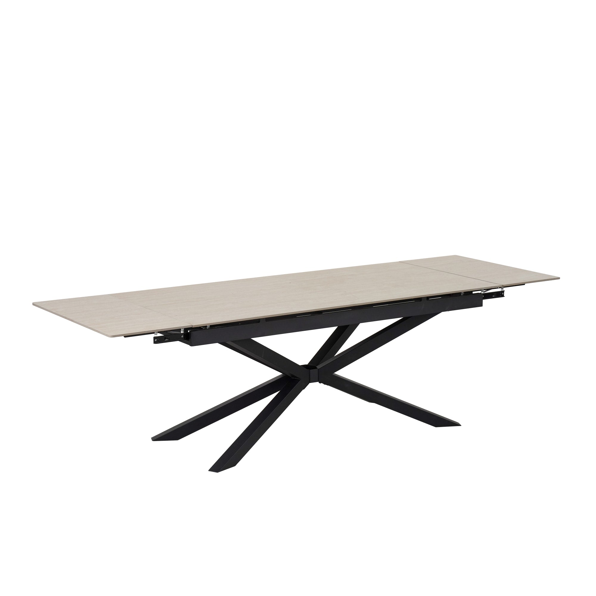 TABLE REPAS EXTENSIBLE NANA PIED METAL NOIR CERAMIQUE TRAVERTIN MAT 180/260x90x76cm