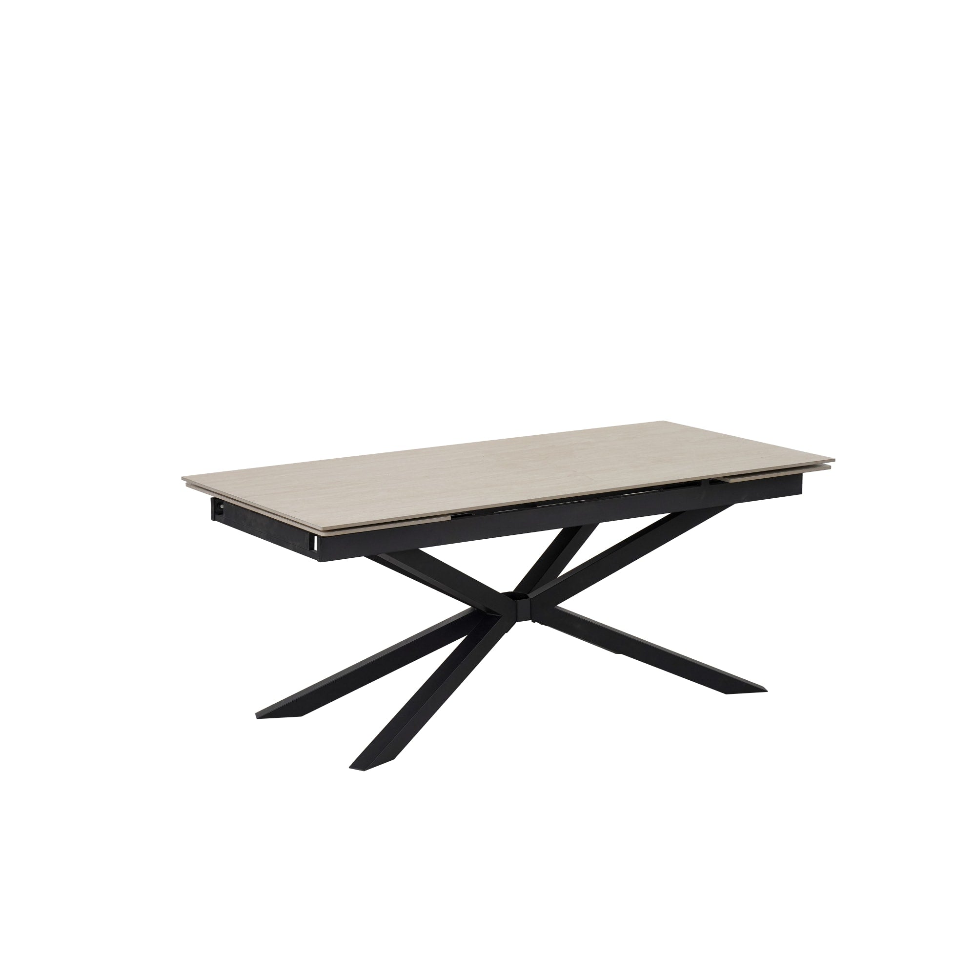 TABLE REPAS EXTENSIBLE NANA PIED METAL NOIR CERAMIQUE TRAVERTIN MAT 180/260x90x76cm