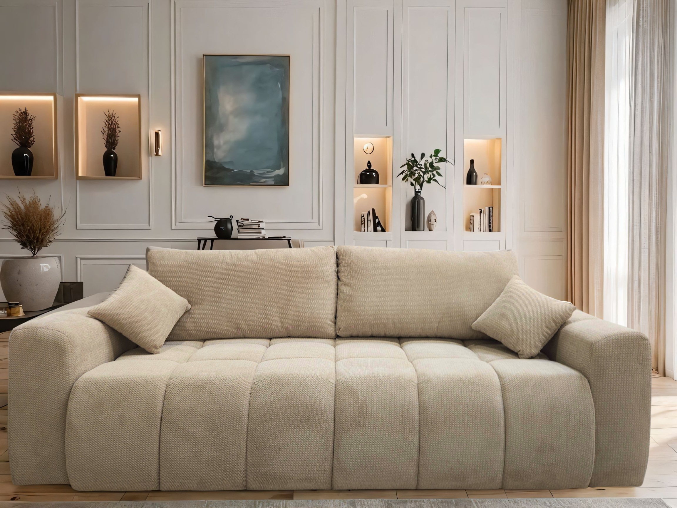 Canapé convertible avec accoudoirs – Couchage élargi & confort moderne en tissu Dunbar 25, disponible en gris ou en beige