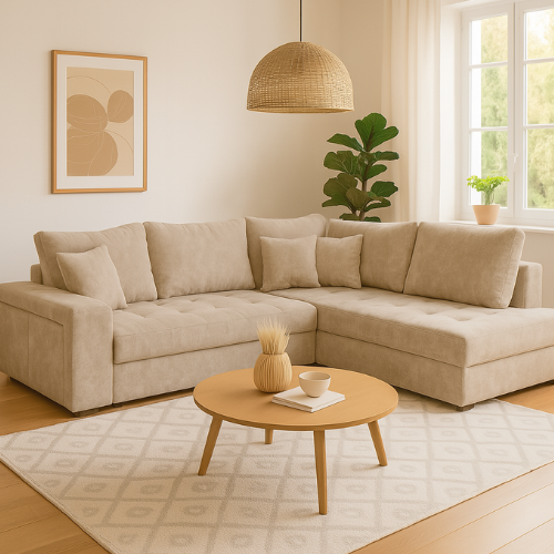 Canapé d'angle convertible avec 2 poufs et coffre en tissu