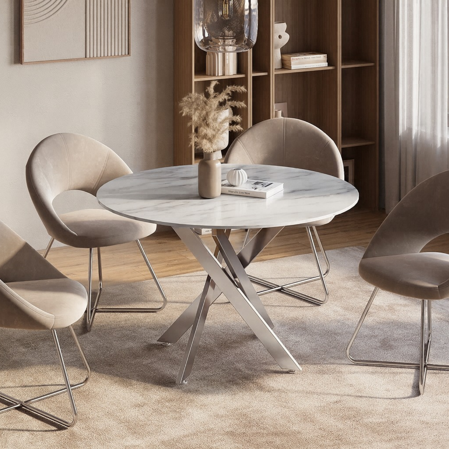 Table à Manger Ronde – Plateau Marbre Blanc & Pieds Argentés – 100 ou 120 cm