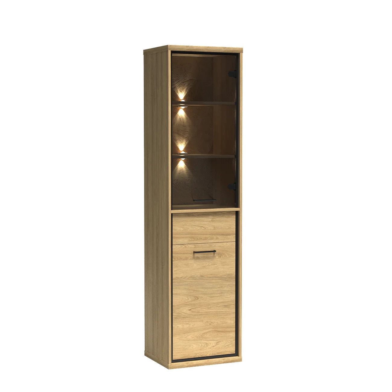 Vitrine en bois de hickory naturel avec ajouts noirs et façade en verre fumé|Destockage Express|Decora Home