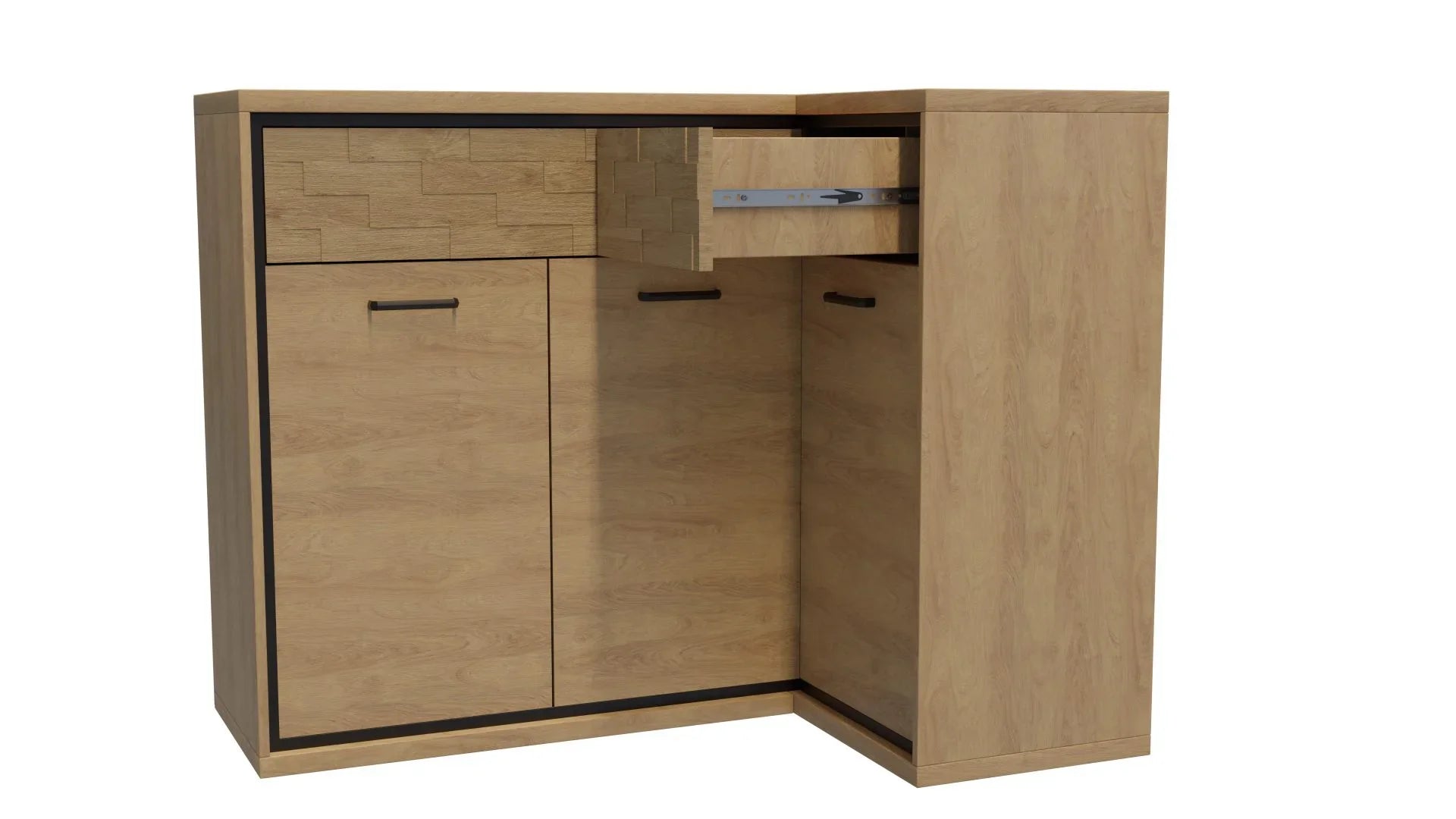 Grande Commode, Buffet d'Angle en Hickory Naturel avec Accessoires Noirs et Éclairage LED - Decora Home