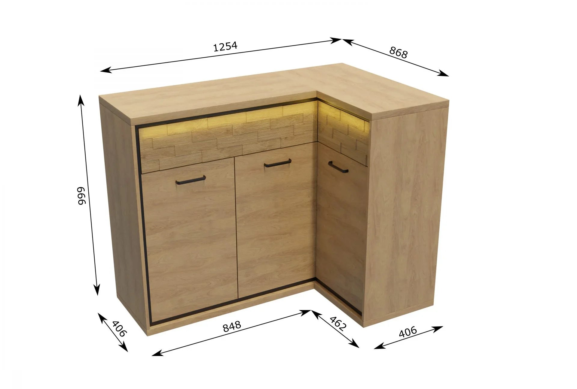Grande Commode, Buffet d'Angle en Hickory Naturel avec Accessoires Noirs et Éclairage LED - Decora Home