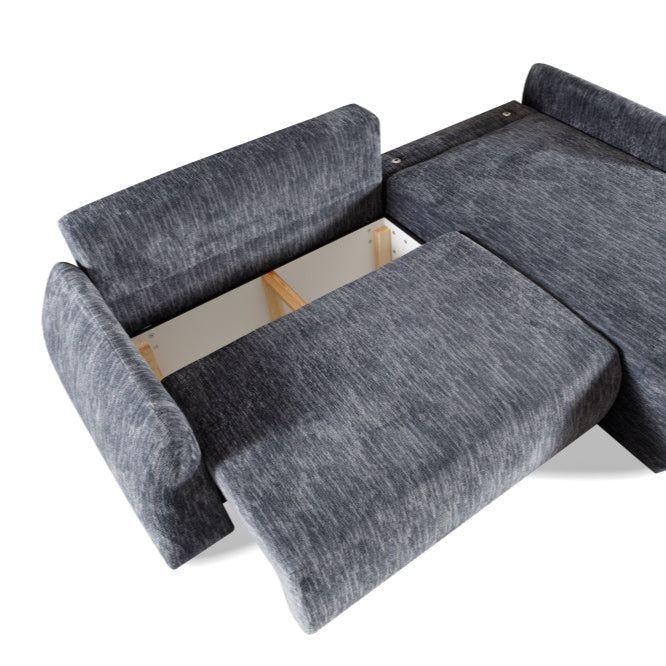 Canapé d’angle arrondi – Convertible, rangement intégré & tissu Ambience 18 doux et lumineux - Decora Home