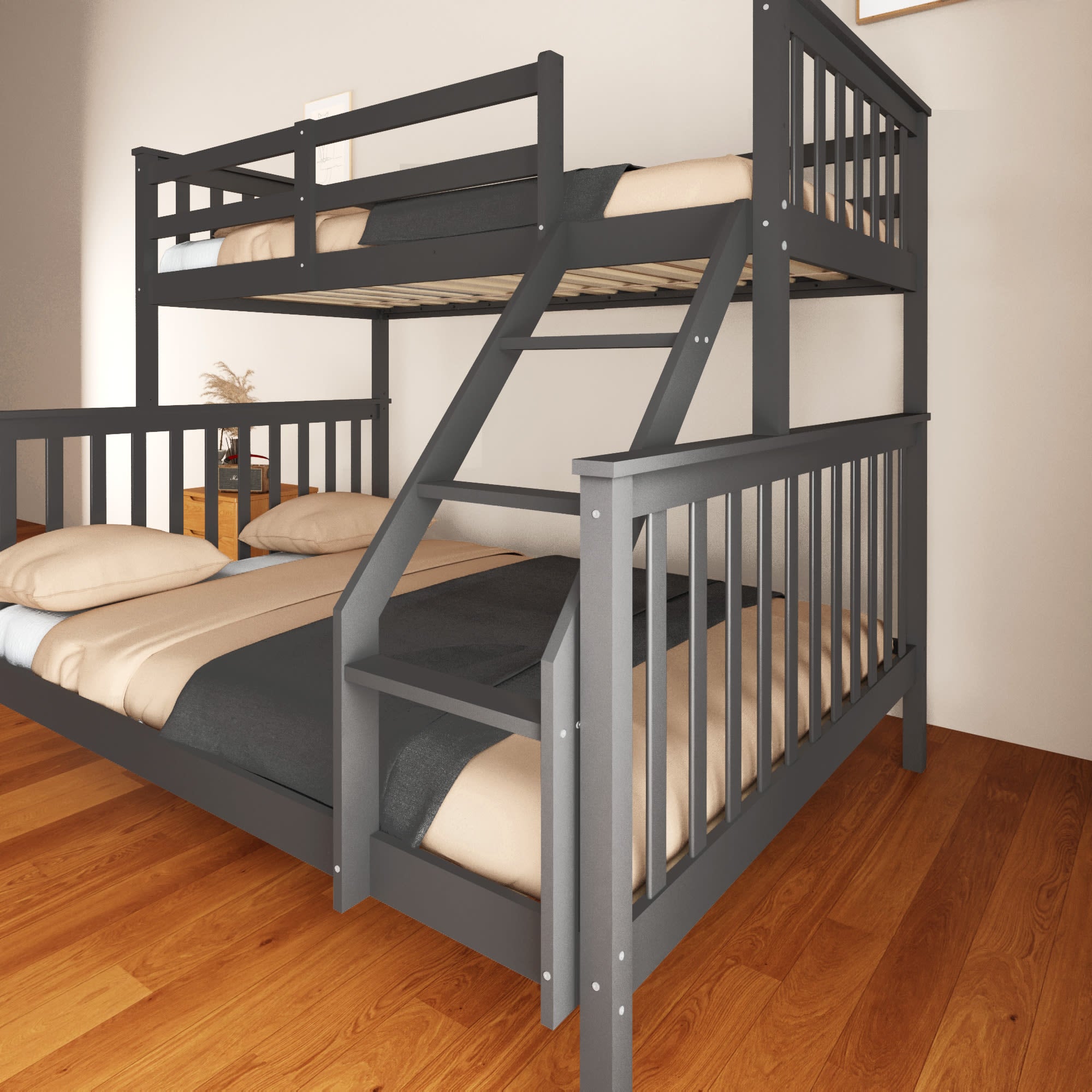 LIT SUPERPOSE BATNA EN BOIS 2+1 GRIS 90X190cm + 140x190cm