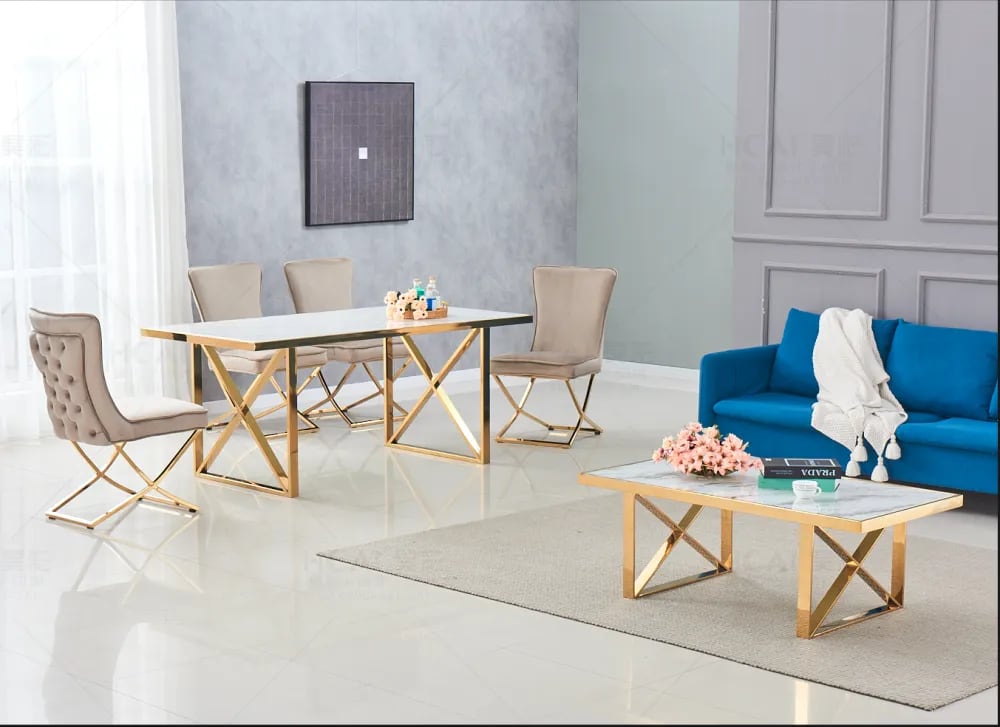 Table repas LEVANTO gold plateau en verre trempé