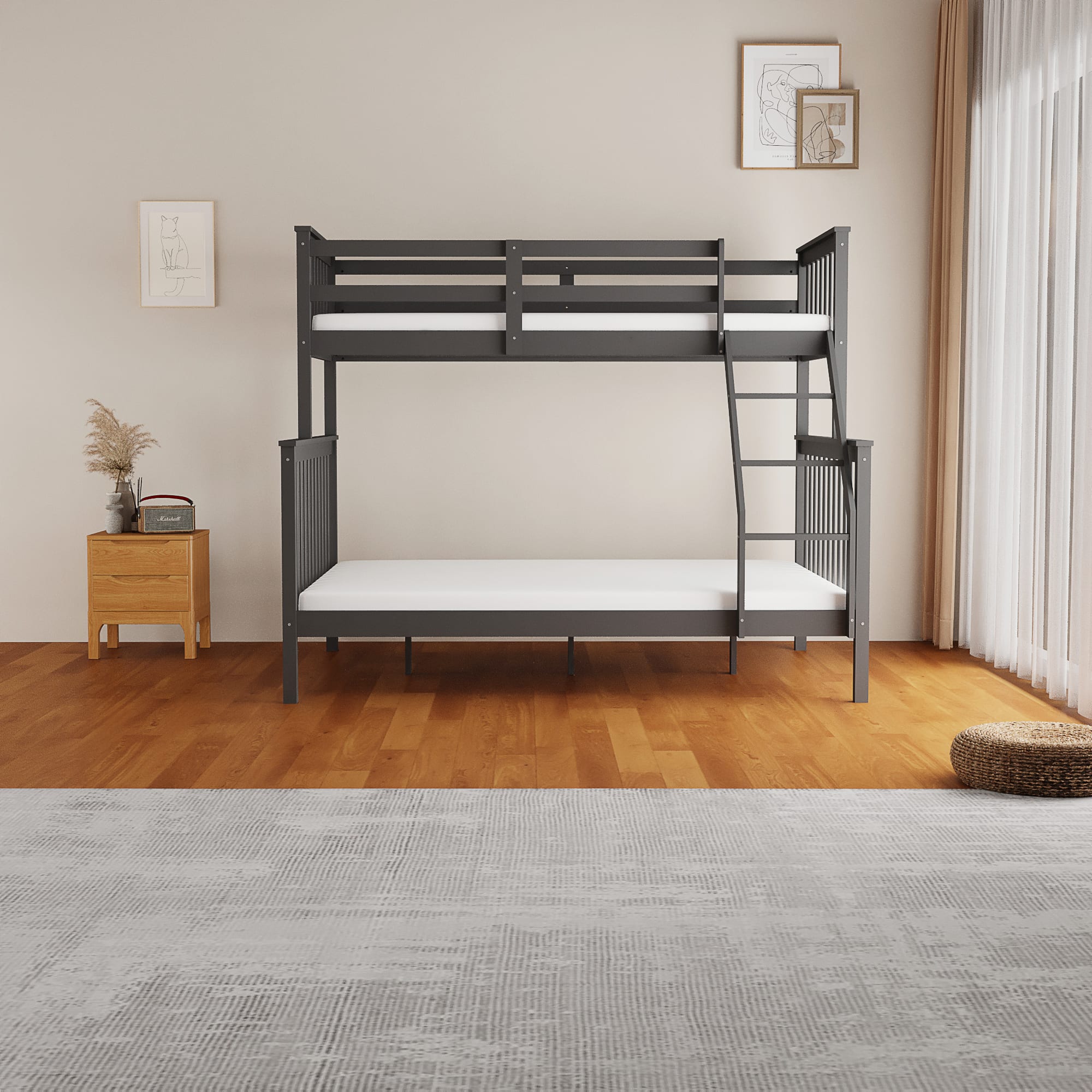 LIT SUPERPOSE BATNA EN BOIS 2+1 GRIS 90X190cm + 140x190cm