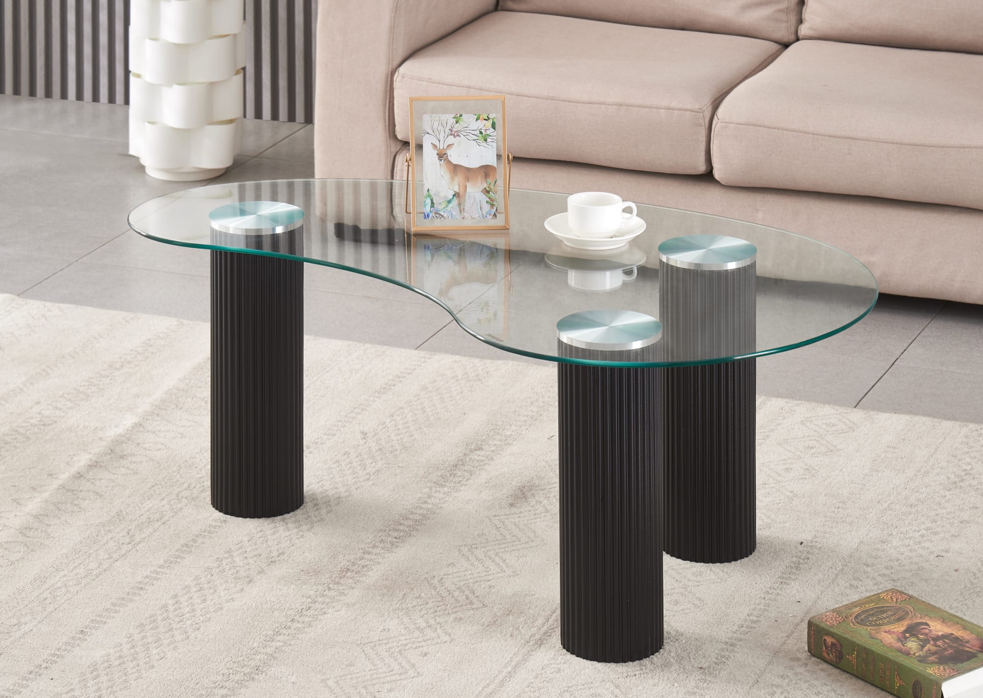 TABLE BASSE PYLONE PIED NOIR PLATEAU TRANSPARENT 120X70X45cm